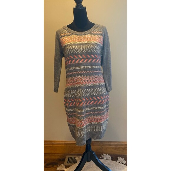 Charming Charlie Sweater Dress Sz Large Crew Neck Fair Isle Type Design Front - Picture 1 of 11